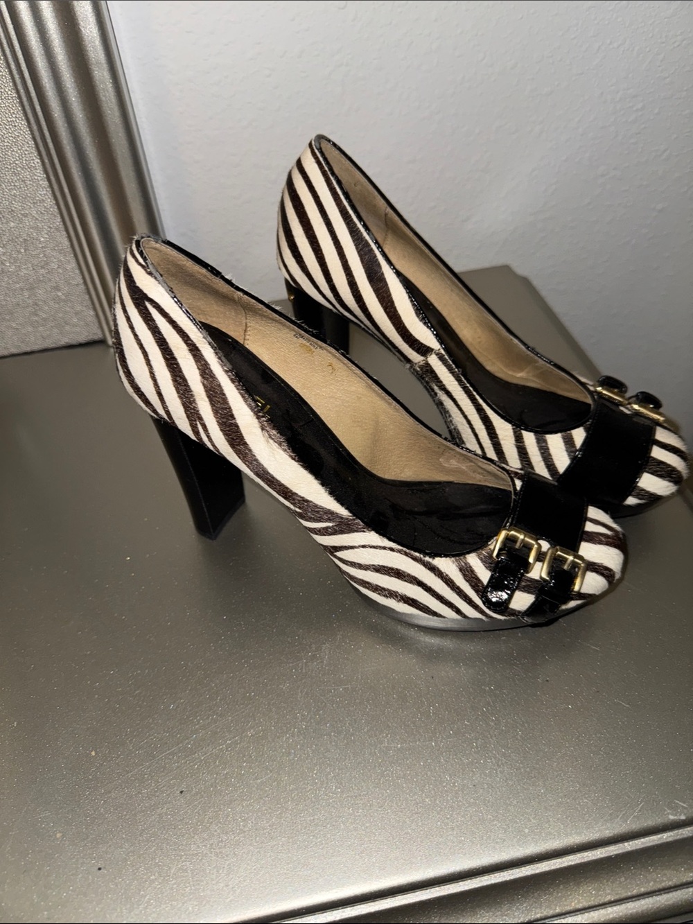 Michael Kors Zebra-Print Pumps with Black Strap & Gold Buckles - Picture 5 of 6